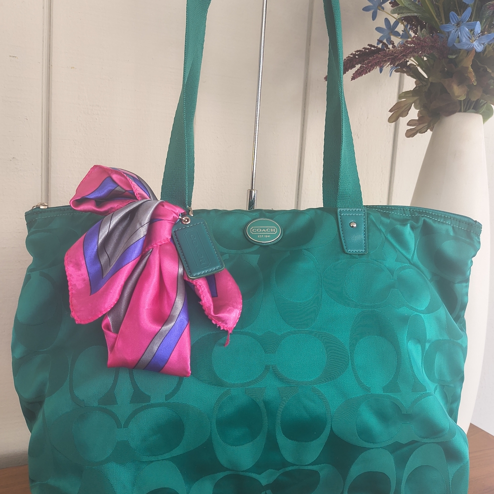 Coach Green Tote Bag with Pink Accent